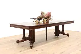 Victorian Eastlake Antique 47" Walnut Dining Table, 5 Leaves Extends 9' #42153