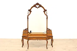 French Style Antique Carved Walnut & Satinwood Vanity, Mirror, Hallstand #41040