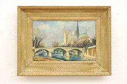 Notre Dame in Paris, France Vintage Original Oil Painting, Mougneau 23" #41762