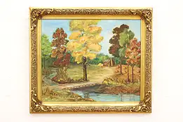 Cabin in an Autumn Forest Vintage Original Oil Painting, Signed 29.5" #42911