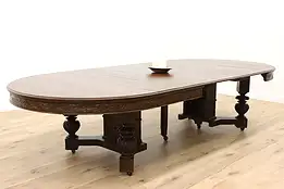 Tudor Antique Carved Oak 60" Dining Table, 6 Leaves Extends 11' #42149