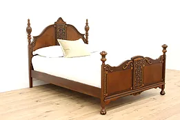 Tudor Design Antique Carved Walnut & Birdseye Maple Full Size Bed #42955