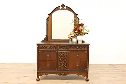 Tudor Design Antique Carved Walnut Dresser or Low Chest with Mirror #43109