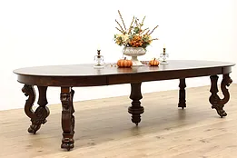 Victorian Antique 52" Round Oak 10' Dining Table, 6 Leaves, Carved Lions #41469