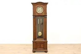 Grandfather Tall Case Antique German Oak Clock, Painted Figures #39627