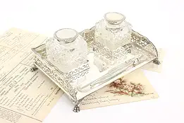 English Antique Victorian Sterling Silver Double Inkwell with Towle Pen #42384