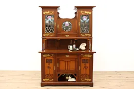 Art Nouveau Antique Cherry Bar Cabinet, Sideboard, Server, Leaded Glass #42716