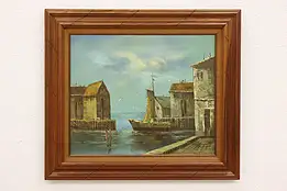 Ocean Harbor with Sailboat Vintage Original Oil Painting, Kay 32.5" #43134