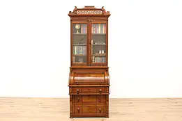 Victorian Eastlake Antique Walnut Roll Top Secretary Desk & Bookcase #42660