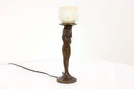 Art Nouveau Vintage Nude Woman Statue Lamp, Etched Art Glass Shade #42744