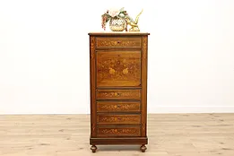 English Antique Marquetry Secretary Desk, Marble Top #43201