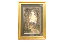 Winding Path in Forest Antique Original Watercolor Painting, Signed 38.5 #43244