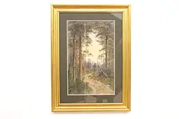 Winding Path in Forest Antique Original Watercolor Painting, Signed 38.5 #43244