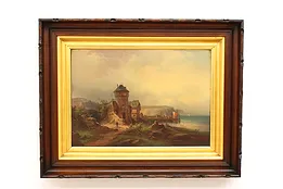 Medieval Fortress & Lake Antique Victorian Chromolithograph, Signed 47" #43227