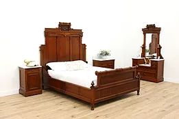 Victorian Eastlake Antique Walnut & Marble 4 Pc Bedroom Set, Queen Bed #42965