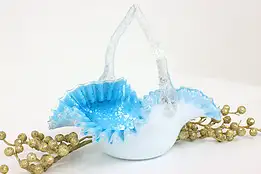 Victorian Antique Blue & Opal Art Glass Blown Basket Sculpture #43332