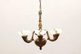 Arts & Crafts Antique 6 Light Copper Chandelier, Carved Alabaster Shades #43053