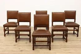 Set of 6 Traditional Antique Oak & Leather Dining Chairs, Brass Studs #42057