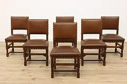 Set of 6 Traditional Antique Oak & Leather Dining Chairs, Brass Studs #42057