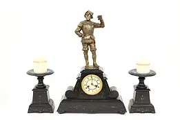 French Antique 3 Pc Black Marble Statue Mantel Clock Set, Marti #35334