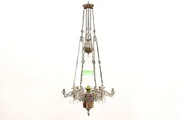 Art Nouveau Antique Belgian 6 Candle & Oil Chandelier, Hand Painted Font #42982