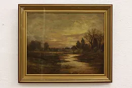 Farmhouse with River Antique Original Oil Painting, Meyer 24" #42080