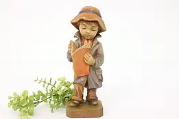 Swiss Hand Carved Vintage Folk Art Statue, Boy Reading Sculpture #40941