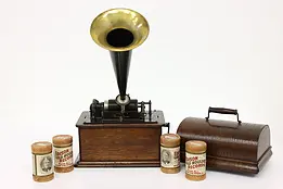 Edison Antique Oak Standard Phonograph, Brass Horn, Cylinder Records #43118