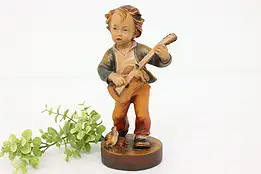 Swiss Hand Carved Vintage Folk Art Statue, Boy Playing Guitar Sculpture #43424