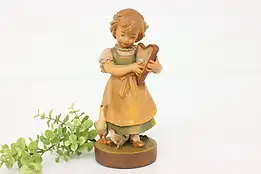 Swiss Hand Carved Vintage Folk Art Statue, Girl Playing Harp Sculpture #43425