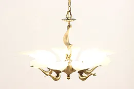 Art Deco Vintage Frosted Glass Shade 5 Light Chandelier, Peacocks #43427