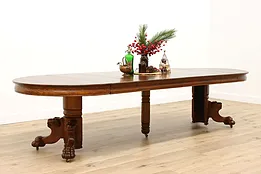 Victorian Antique Round Oak 48" Dining Table, Extends 10', Lion Pedestal #41836