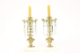 Pair of Victorian Antique Bronze, Marble & Crystal Girandoles Candelabra #43319