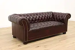 Chesterfield Tufted Leather Vintage Burgundy Sofa, Brass Nailhead Trim #35206