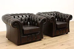 Pair of Vintage Tufted Leather Chesterfield Library or Club Chairs #43456