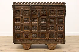 Bali Vintage Teak Dowry Marriage Chest on Wheels, Carved Horses #35101