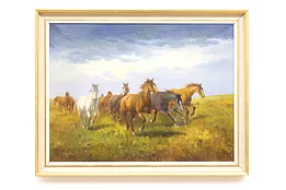 Wild Mustang Horses Running Vintage Original Oil Painting, Signed 36.5" #43440