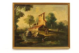 Old Stone House and River Landscape Antique Original Oil Painting 29.5" #37891