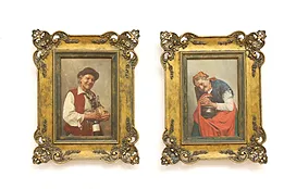 Pair of Old Couple Portraits Antique Original Oil Paintings 19.5" #43336