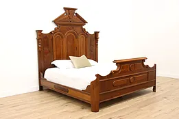 Victorian Renaissance Antique Carved Walnut & Burl King Size Bed #42967