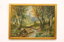 Forest & Brook in Autumn Antique Original Oil Painting, Vikas 33.5" #42583