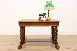 Victorian Antique Oak Library Table or Office Desk, Carved Lion Feet #38958