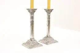 Classical Pair of Antique English Silverplate Ionic Column Candlesticks #43509