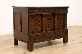 English Tudor  Antique 1700s Carved Oak Dowry or Blanket Chest or Trunk #43549