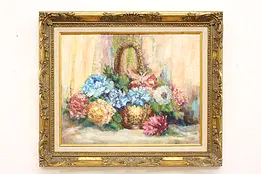 Blue & Pink Flowers Basket Vintage Original Oil Painting, Feret 26" #43067