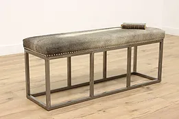 Industrial Vintage Custom Designer Steel Bench, Caribou Hide Upholstery #43605