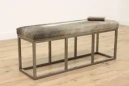 Industrial Vintage Custom Designer Steel Bench, Caribou Hide Upholstery #43605