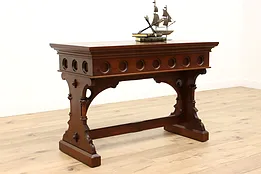 Tudor Carved Walnut Antique Hall or Sofa Table, Office or Library Desk #43546