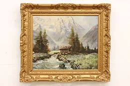 Mountain Cabin & River Vintage Original Oil Painting, Stover 32.5" #42931
