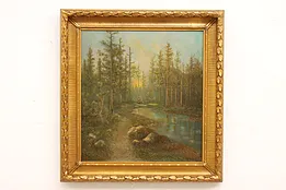 Twilight Stream in Forest Antique Original Oil Painting, Signed 34" #42932